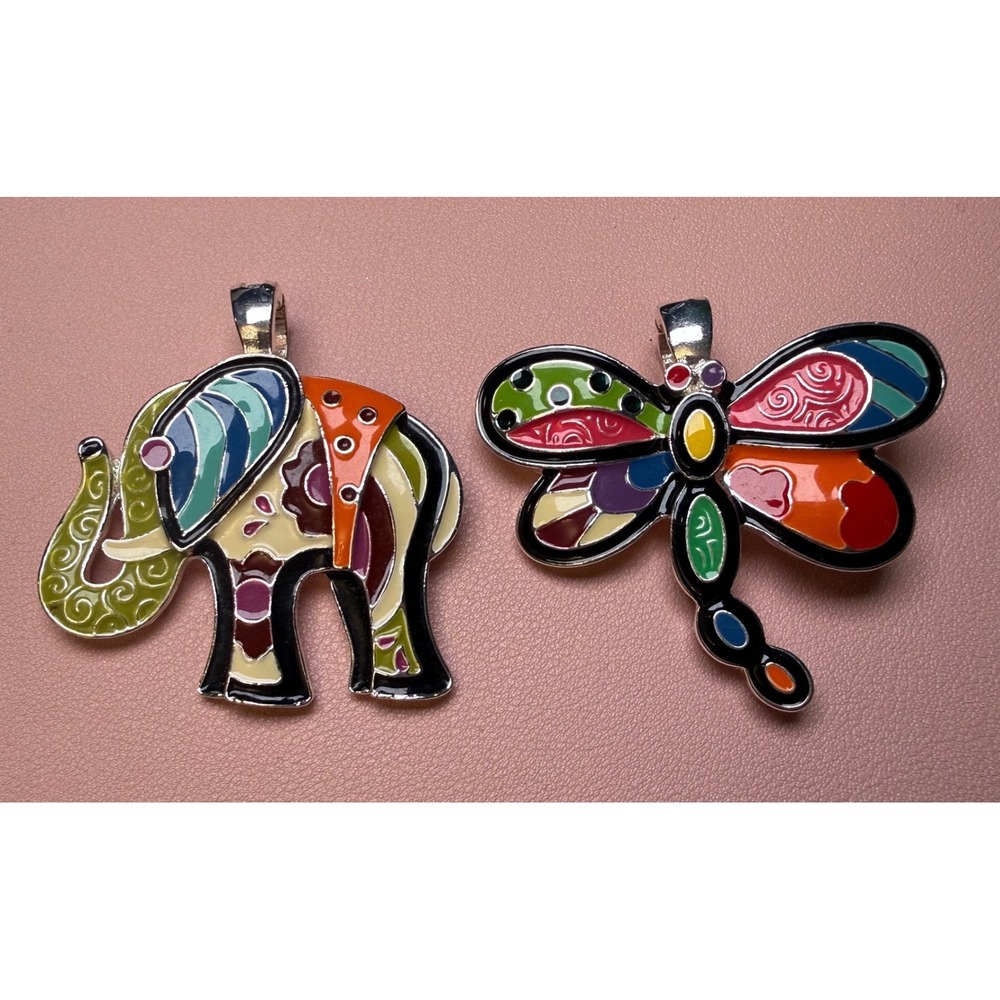 Signed RMN Museum Store Enamel Elephant Dragonfly Pendant Enhancer Set Lot Color